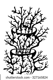 Vector illustration of abstract hand drawn trees growing out of trees. Branches, twigs, antlers, mushroom, coral. Black & white. Matisse inspired.