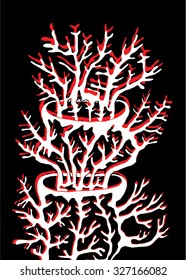 Vector illustration of abstract hand drawn trees growing out of trees. Branches, twigs, antlers, mushroom, coral. Black & white & red. Matisse inspired.