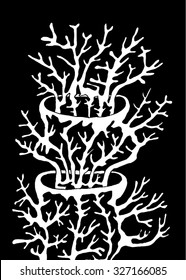 Vector illustration of abstract hand drawn trees growing out of trees. Branches, twigs, antlers, mushroom, coral. Black & white. Matisse inspired.