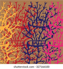 Vector illustration of abstract hand drawn trees growing out of trees. Branches, twigs, antlers, mushroom, coral. Brown, orange, pink, red. Matisse inspired. Background, pattern, texture.