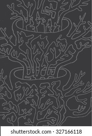 Vector illustration of abstract hand drawn trees growing out of trees. Branches, twigs, antlers, mushroom, coral. Grey. Matisse inspired. Pattern, background, texture.