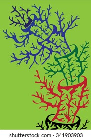 Vector illustration of abstract hand drawn trees growing out of trees. Branches, twigs, antlers, mushroom, coral. Blue & red & green. Matisse inspired.