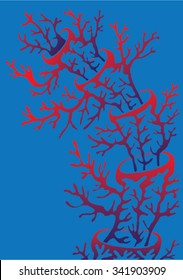 Vector illustration of abstract hand drawn trees growing out of trees. Branches, twigs, antlers, mushroom, coral. Red & blue. Matisse inspired.