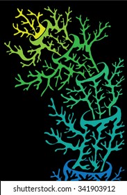 Vector illustration of abstract hand drawn trees growing out of trees. Branches, twigs, antlers, mushroom, coral. Blue & green & yellow & black. Matisse inspired.