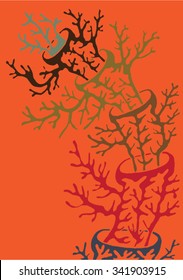 Vector illustration of abstract hand drawn trees growing out of trees. Branches, twigs, antlers, mushroom, coral. Blue & red & orange. Matisse inspired.