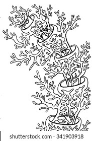 Vector illustration of abstract hand drawn trees growing out of trees. Branches, twigs, antlers, mushroom, coral. Black & white. Matisse inspired.
