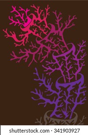 Vector illustration of abstract hand drawn trees growing out of trees. Branches, twigs, antlers, mushroom, coral. Purple & pink & brown. Matisse inspired.
