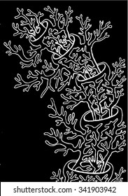 Vector illustration of abstract hand drawn trees growing out of trees. Branches, twigs, antlers, mushroom, coral. Black & white. Matisse inspired.