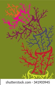 Vector illustration of abstract hand drawn trees growing out of trees. Branches, twigs, antlers, mushroom, coral. Blue & red & pink & green. Matisse inspired.