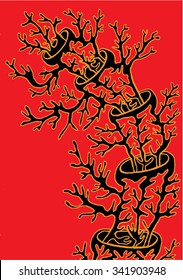 Vector illustration of abstract hand drawn trees growing out of trees. Branches, twigs, antlers, mushroom, coral. Black & red & orange. Matisse inspired.