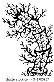 Vector illustration of abstract hand drawn trees growing out of trees. Branches, twigs, antlers, mushroom, coral. Black & white. Matisse inspired.