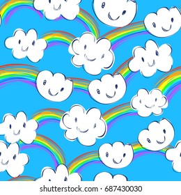 Vector Illustration of Abstract Hand Drawn Clouds. Seamless pattern with Clouds. Vector doodles. Vector Seamless Pattern with Drawn Cartoon Clouds on Blue Background.