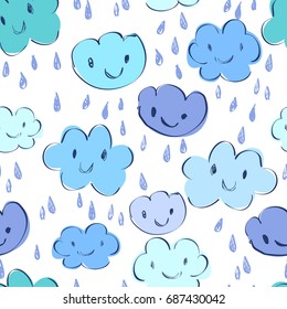 Vector Illustration of Abstract Hand Drawn Clouds. Seamless pattern with Clouds. Vector doodles. Vector Seamless Pattern with Drawn Cartoon Clouds on White Background.
