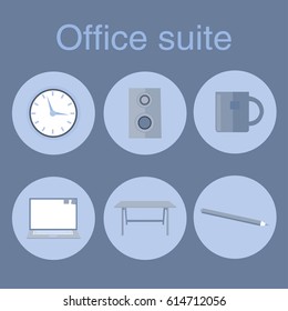 Vector illustration with abstract handmade icons placed on the color background. Icons of different office elements drawn in flat style.Perfect for textile or book covers, manufacturing, scrapbooking.