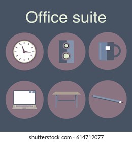 Vector illustration with abstract handmade icons placed on the color background. Icons of different office elements drawn in flat style.Perfect for textile or book covers, manufacturing, scrapbooking.