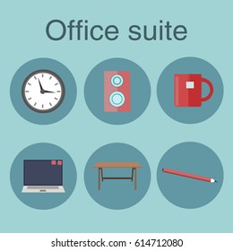 Vector illustration with abstract handmade icons placed on the color background. Icons of different office elements drawn in flat style.Perfect for textile or book covers, manufacturing, scrapbooking.