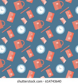 Vector illustration with abstract handmade small-scale elements on the colored background. Seamless background of different office elements drawn in flat style. Perfect for book covers, scrapbooking.