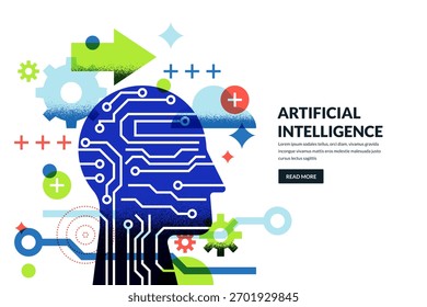Ilustración vectorial de cabeza abstracta con chip de circuito y engranaje. Innovación, mente digital, inteligencia artificial y concepto de ideas tecnológicas futuras. Inteligencia humana y conexión tecnológica