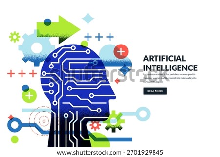 Vector illustration of abstract head with circuit chip and gear. Innovation, digital mind, artificial intelligence and future tech ideas concept. Human intelligence and technology connection
