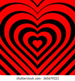 Vector illustration of abstract heart. Love symbol. Geometric background. Optical illusion. Red and black backdrop. Valentine's Day card. Graphic poster. Use for invitation, wallpaper, web element.