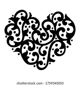 vector illustration, abstract heart with ornament, drawing in black, tattoo, isolate on a white background