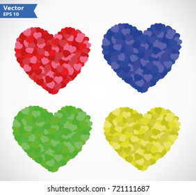 Vector illustration of abstract hearts in different colours.