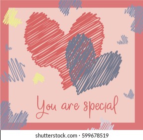 Vector illustration with abstract hearts on the color background. Handmade custom text placed on the color backdrop.Art with comfortable words is perfect for textile or gift wrapping, card, invitation