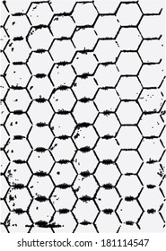Vector illustration of abstract hexagon black and white geometric pattern. Hand drawn, frottage, distressed, distorted.