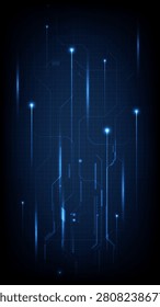 Vector illustration of abstract hi tech vertical background with hi tech digital circuit pattern and rising glowing particles.