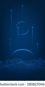 Vector illustration of abstract hi tech vertical background with hi tech digital mesh terrain and rising glowing particles.
