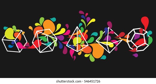 Ilustración vectorial de Anuncio colorido Horizontal abstracto con Formas geométricas blancas en una fila de gotas de colores y fondo oscuro