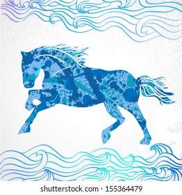 Vector illustration of abstract horse, symbol of 2014, grunge textured isolated with wave doodle