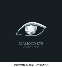 Dibujo vectorial de ojo humano abstracto con pupila diamantífera. Elemento de diseño del logotipo. Icono de piedra gema. Concepto de óptica, gafas o joyería, oftalmología. 