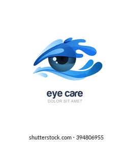 Vector illustration of abstract human eye in clean water splash. Logo, emblem design elements. Concept for optical, glasses shop, oculist, ophthalmology, healthcare research. Natural organic eye care
