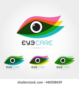 Vector illustration of abstract human eye in colorful leaves frame. Logo design template. Concept for optical, glasses shop, oculist, ophthalmology, makeup stylist, research. Natural organic eye care.