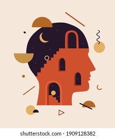 Vector illustration of abstract human head with stairs, doors, geometric shapes inside. Concept of thinking process, solving problems, searching solution, inner world of mind, brain, psychotherapy