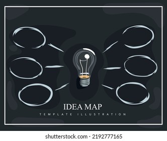 Vector Illustration Of An Abstract Idea Or Thought Map With A Lamp In The Middle. Modern Template Design With Text And Abstraction.