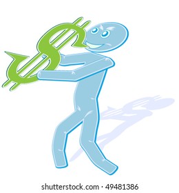 	The vector illustration with the abstract image of the saxophonist with a saxophon stylized under a sign on dollar.