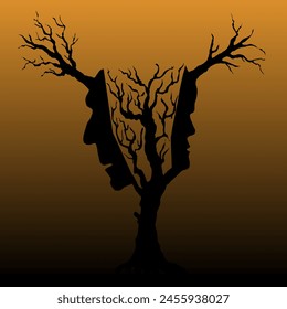 Vector illustration Abstract image of trees silhouettes with faces of man and woman old men and trees growing from forehead. 