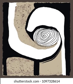 A vector illustration of an abstract ink painting on brown paper. Hand drawn spiral composition.
