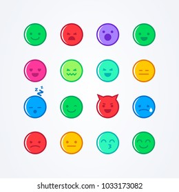 Vector illustration abstract isolated funny cute flat style emoji emoticon icon set with different moods on background in different colors