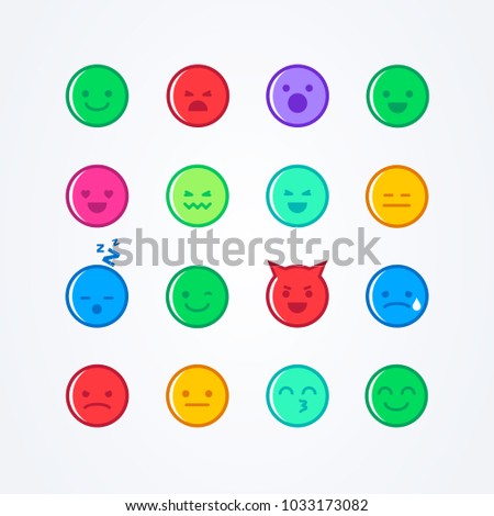 Vector illustration abstract isolated funny cute flat style emoji emoticon icon set with different moods on background in different colors