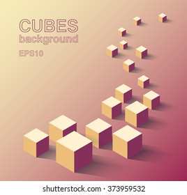 Vector illustration of abstract isometric colorful cubes in a line with long shadow on pink gradiend background and copyspace, architectural concept