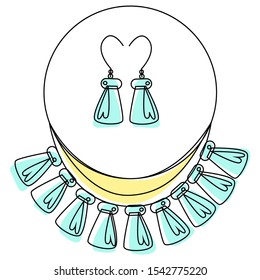 Vector illustration with abstract jewelry set of necklaces and earrings in vintage or ethnic style. Lines and color are used. Cards, invitations, posters, web design, printing products can be used.