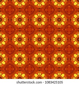 Vector illustration. Abstract kaleidoscope orange, red and yellow background. Seamless pattern illustration for design. Bright flower.