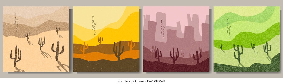 Vector illustration. Abstract landscape background. Hand drawn pattern design. Geometric template. Ornamental banner concept. Vintage art. 70s, 80s retro graphic. Wilderness. Cactuses and hills