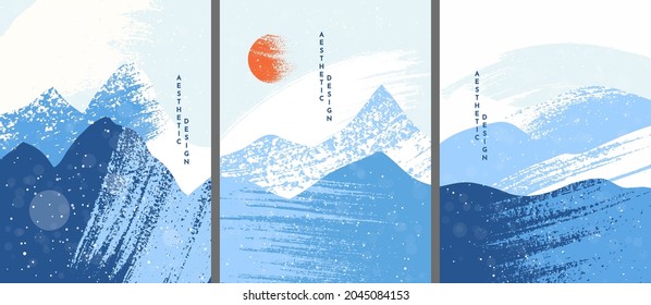 Vector illustration  Abstract landscape background  Ink brush stroke drawing  Vintage retro art style  Design elements for poster  cover  magazine  postcard  Blue  white color  Winter cold snow season