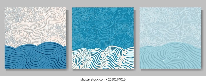 Vector illustration. Abstract landscape background. Hand drawn line pattern design. Geometric template. Ornamental web banner design. Vintage art. 70s, 80s retro vintage graphic. Water waves, seascape