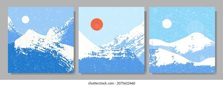 Vector illustration. Abstract landscape background. Ink brush stroke drawing. Japanese pattern art. Design elements for social media template, web banner. Blue, white color. Winter cold snow season