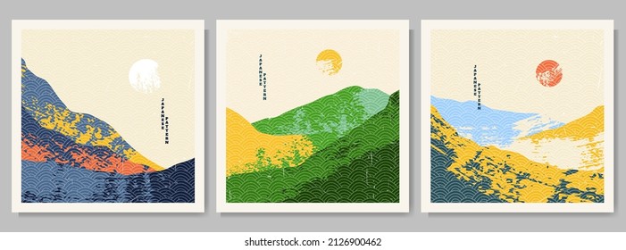 Vector illustration. Abstract landscape background collection. Hand drawn line pattern. Nature scene. Vintage art. Design elements for social media template, web banner. Colorful paint brush stroke.